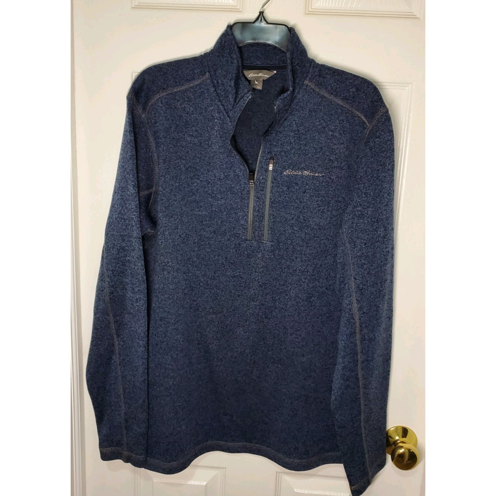 Eddie Bauer Men’s L Quarter Zip Sweater Fleece Pullover Blue Knit 100% Polyester